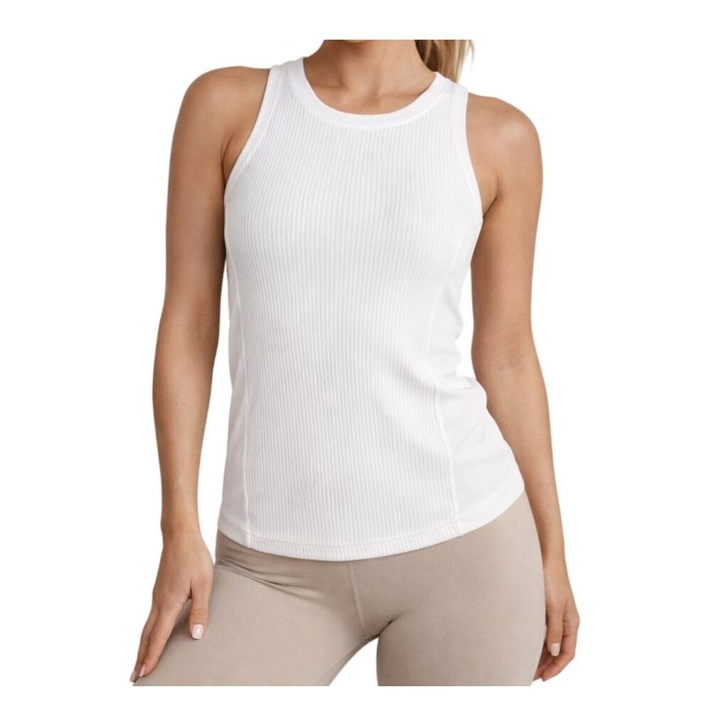 Athleta White Ribbed Tank Top Sleeveless Athletic Workout Shirt Size L